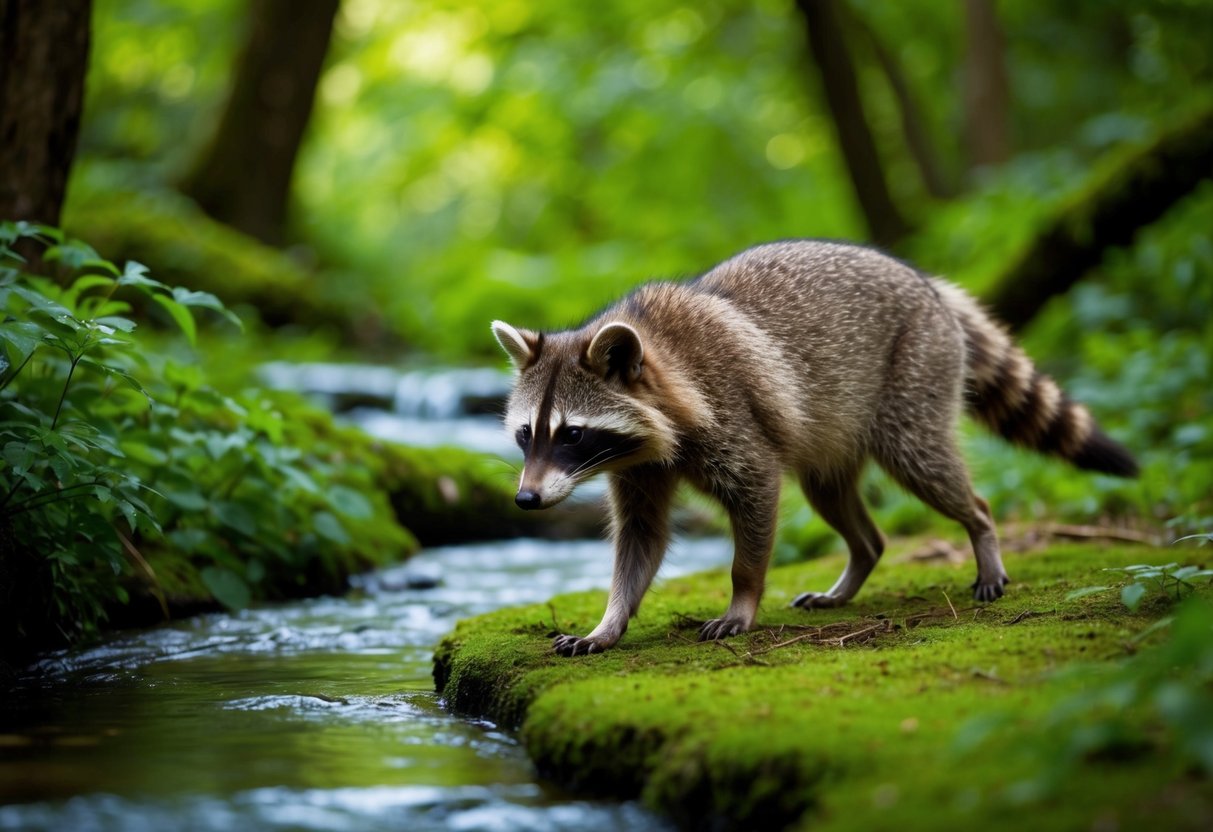 A raccoon dog foraging in a lush, temperate forest with a flowing stream