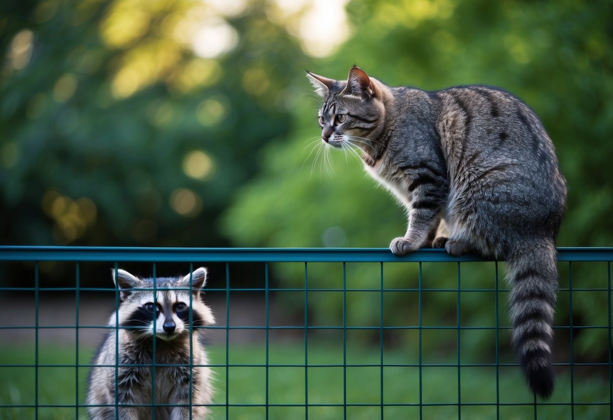 A cat sitting on a high fence, looking wary as a raccoon peers up from below