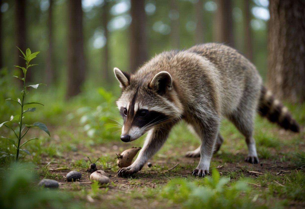 A raccoon dog foraging for food in a forest, hunting for insects and small animals