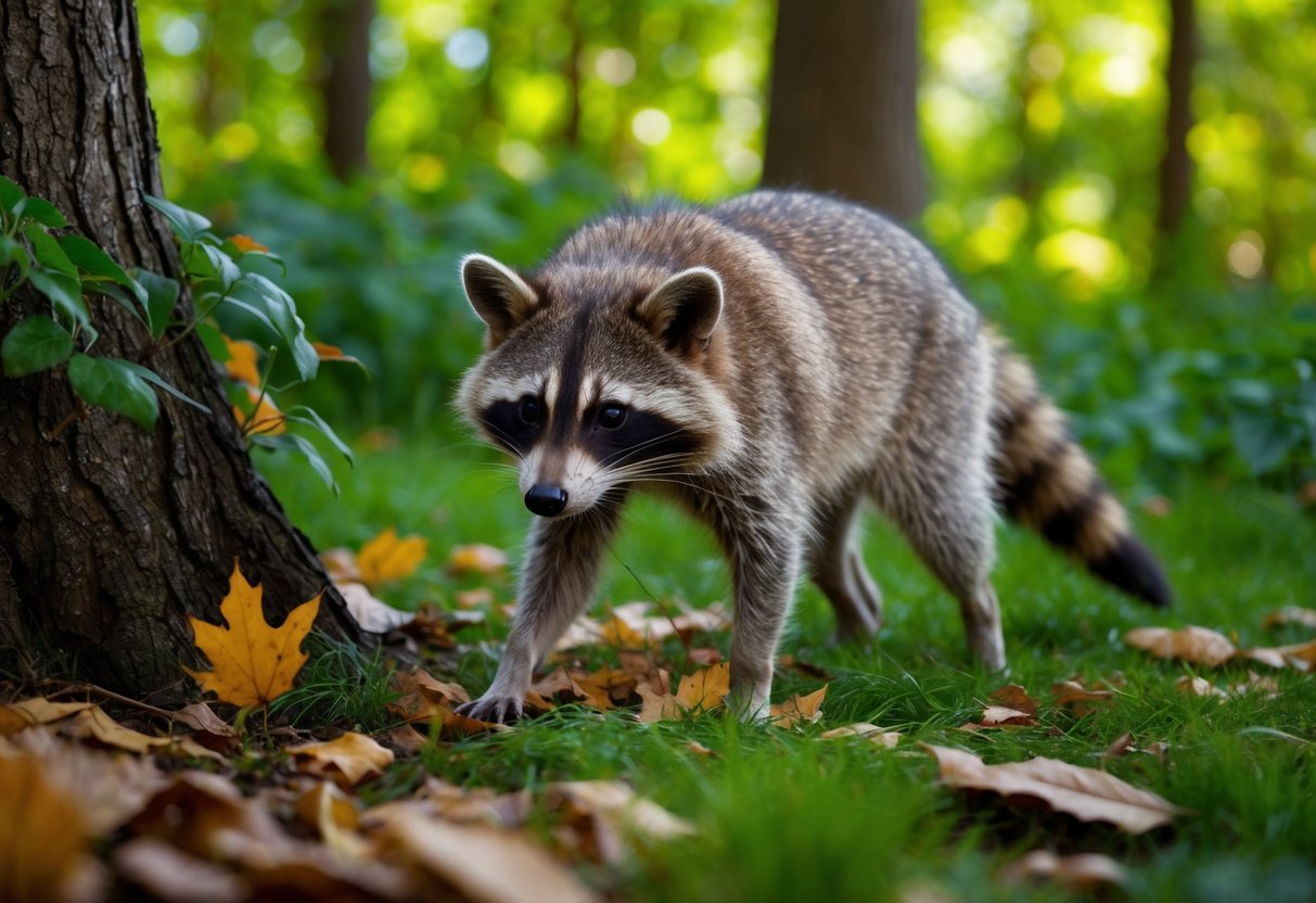 A raccoon dog foraging in a forest, surrounded by lush greenery and fallen leaves