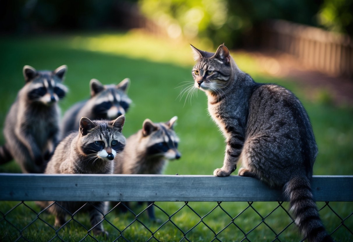 A cat perched on a fence, cautiously eyeing a group of raccoons approaching from the shadows