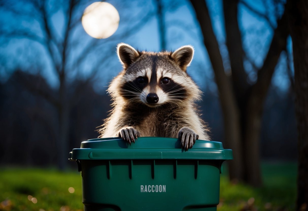 A raccoon cautiously peers out from behind a garbage can, its masked face illuminated by the moonlight filtering through the trees