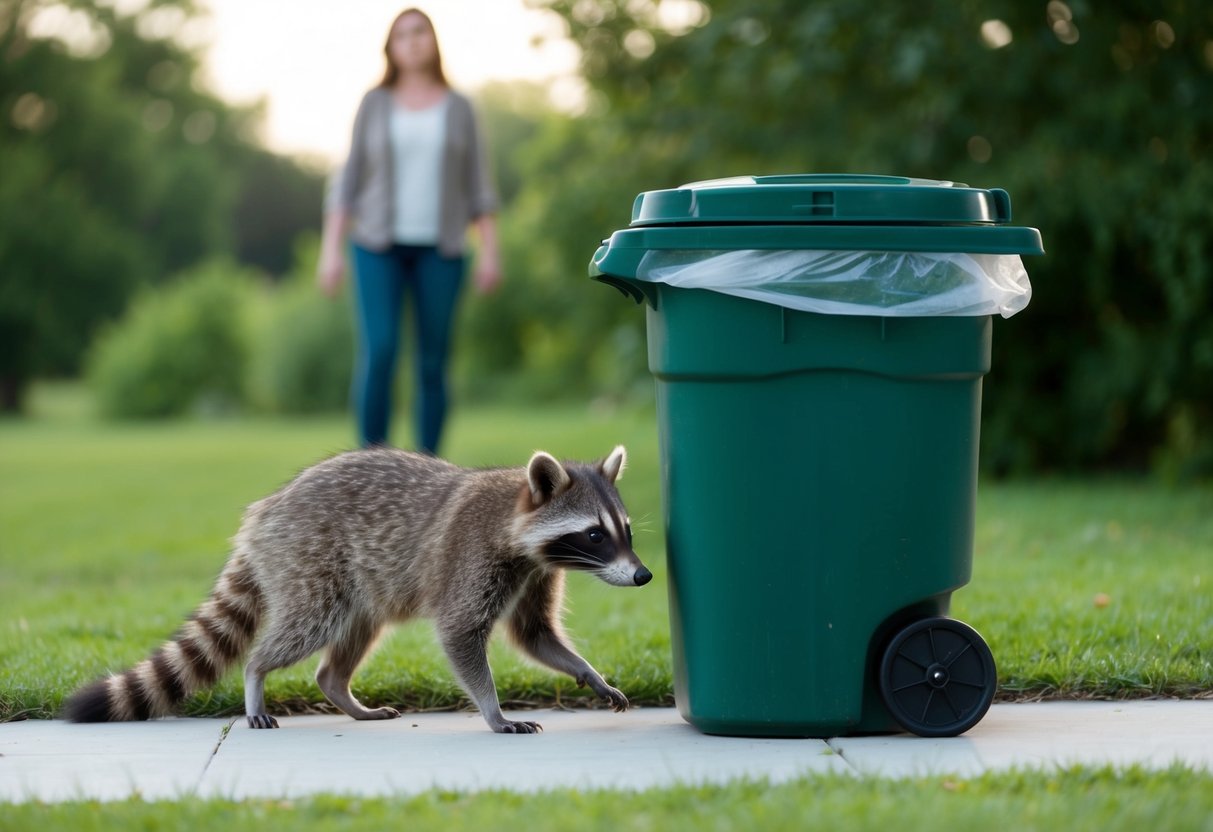 A raccoon cautiously approaches a garbage can, while a person watches from a distance with concern