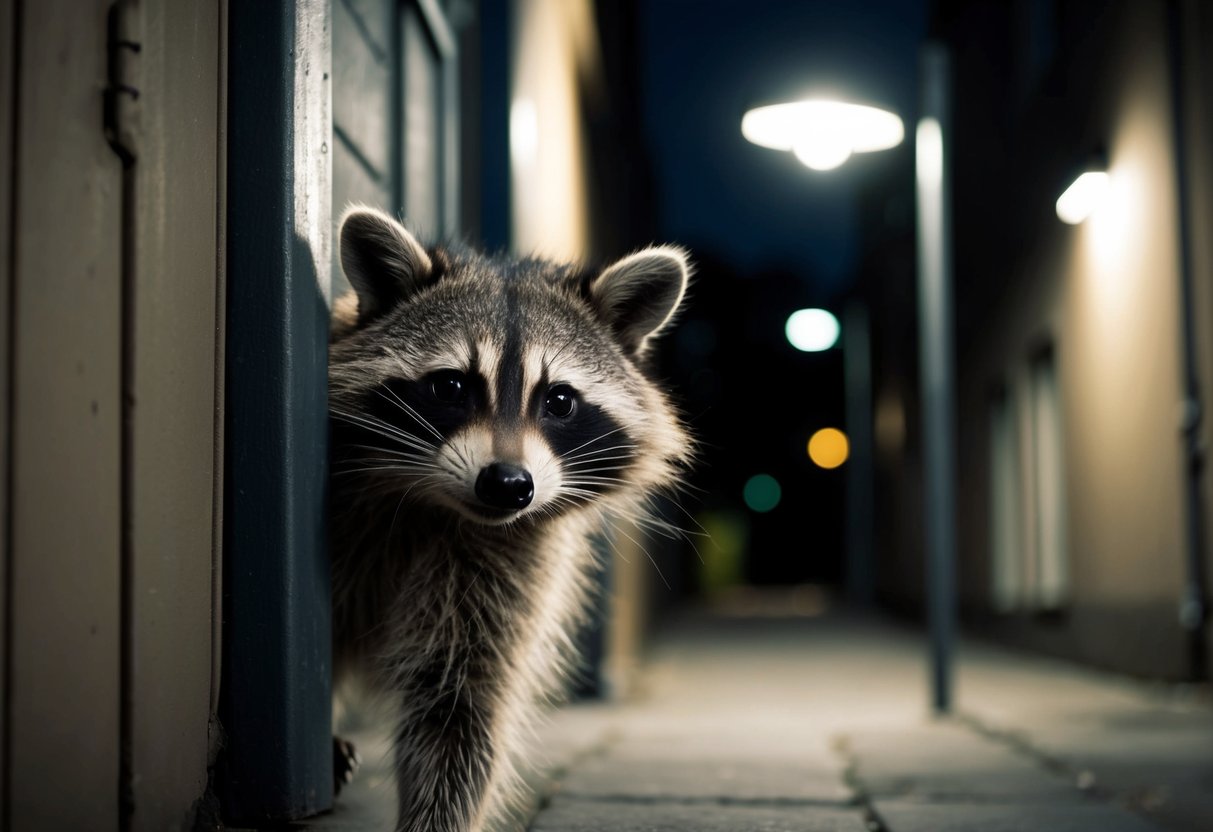 A raccoon cautiously peers out from a darkened alley, its masked face illuminated by the glow of a nearby streetlight