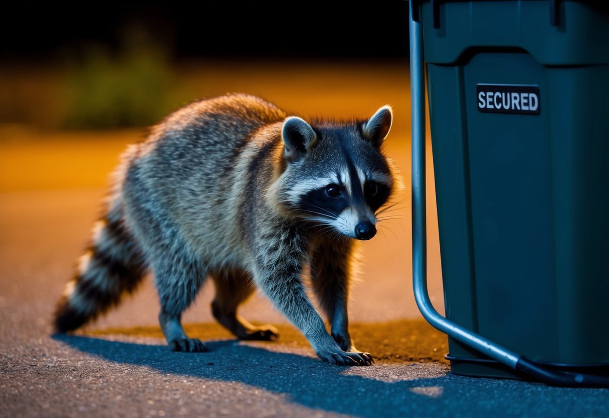 A raccoon cautiously approaching a secured garbage can at night