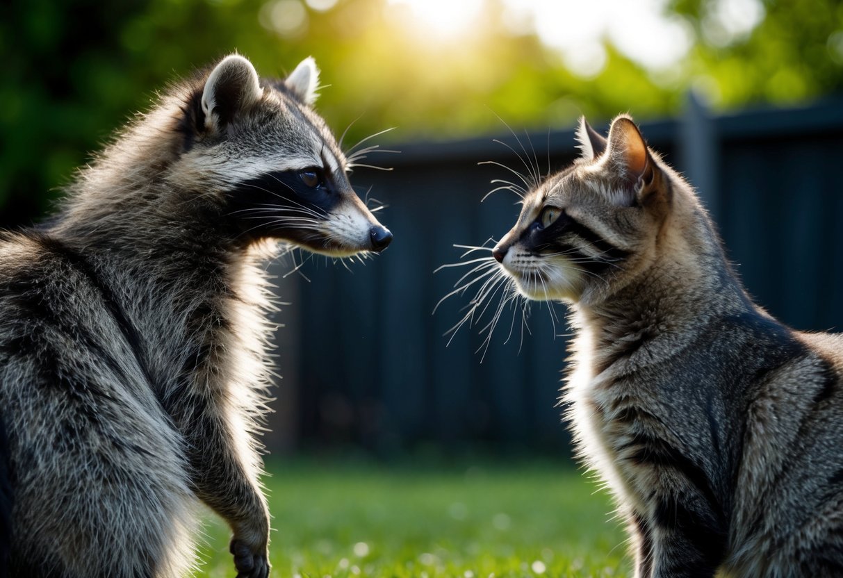 A raccoon and a cat facing each other in a backyard, with a tense and cautious atmosphere between them