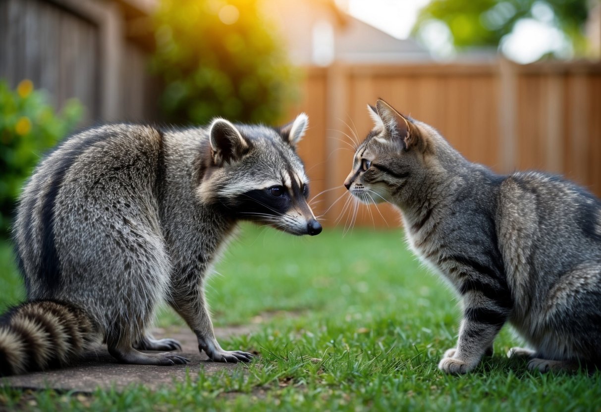 A raccoon and a cat facing each other in a backyard, with the raccoon showing signs of illness and the cat looking cautious