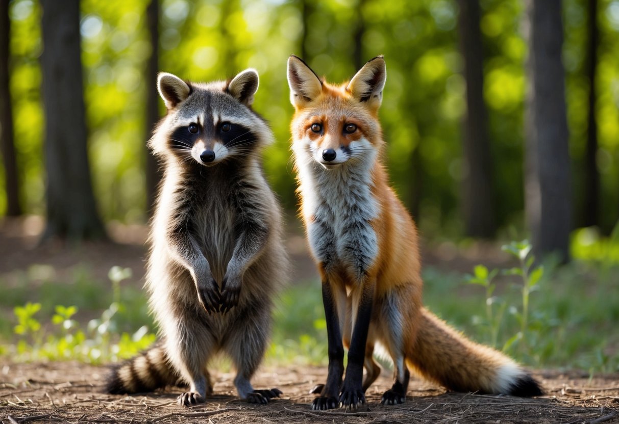 A raccoon and a fox stand side by side, their fur blending in the dappled sunlight of the forest