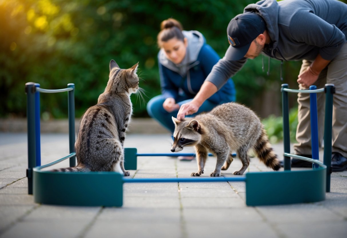 A curious cat watches a raccoon from a safe distance, while a concerned owner sets up barriers to prevent any potential contact between the two animals