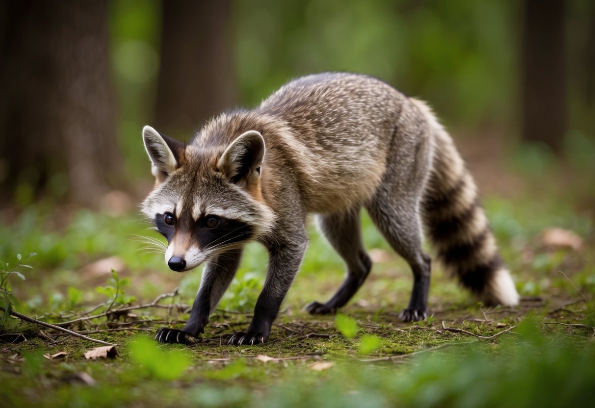 A small, agile animal with a raccoon's mask and ringed tail, and the sleek body and pointed ears of a fox, foraging in a forest