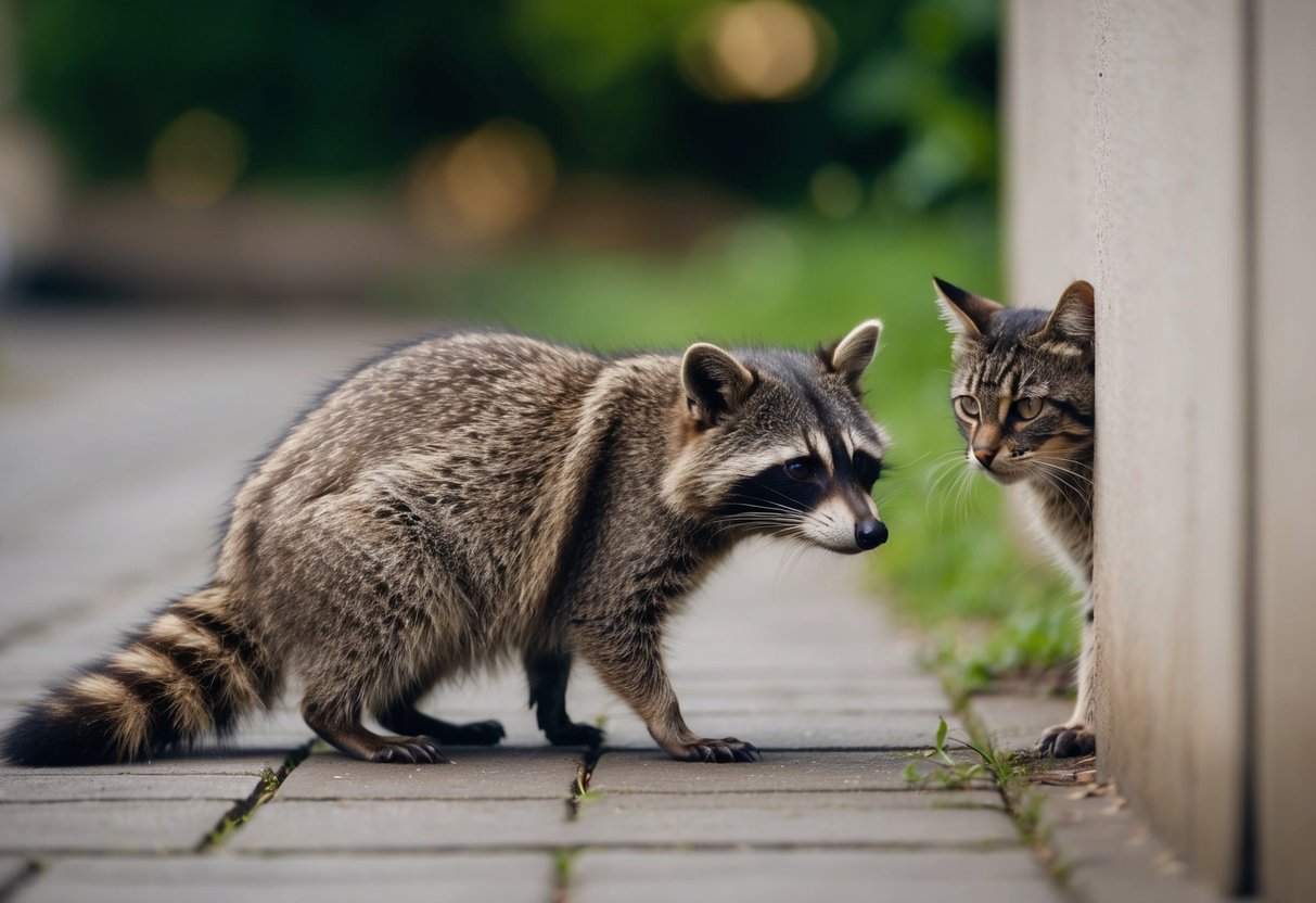 A raccoon lurking near a cat, while the cat appears sick and weak