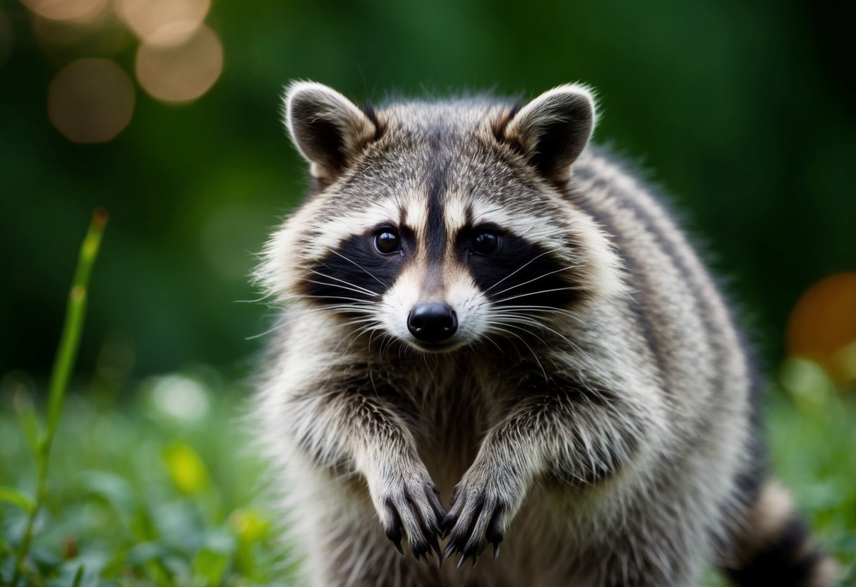A raccoon stares directly at the viewer, its eyes wide and curious, as it stands on its hind legs with its front paws hanging in front of its chest