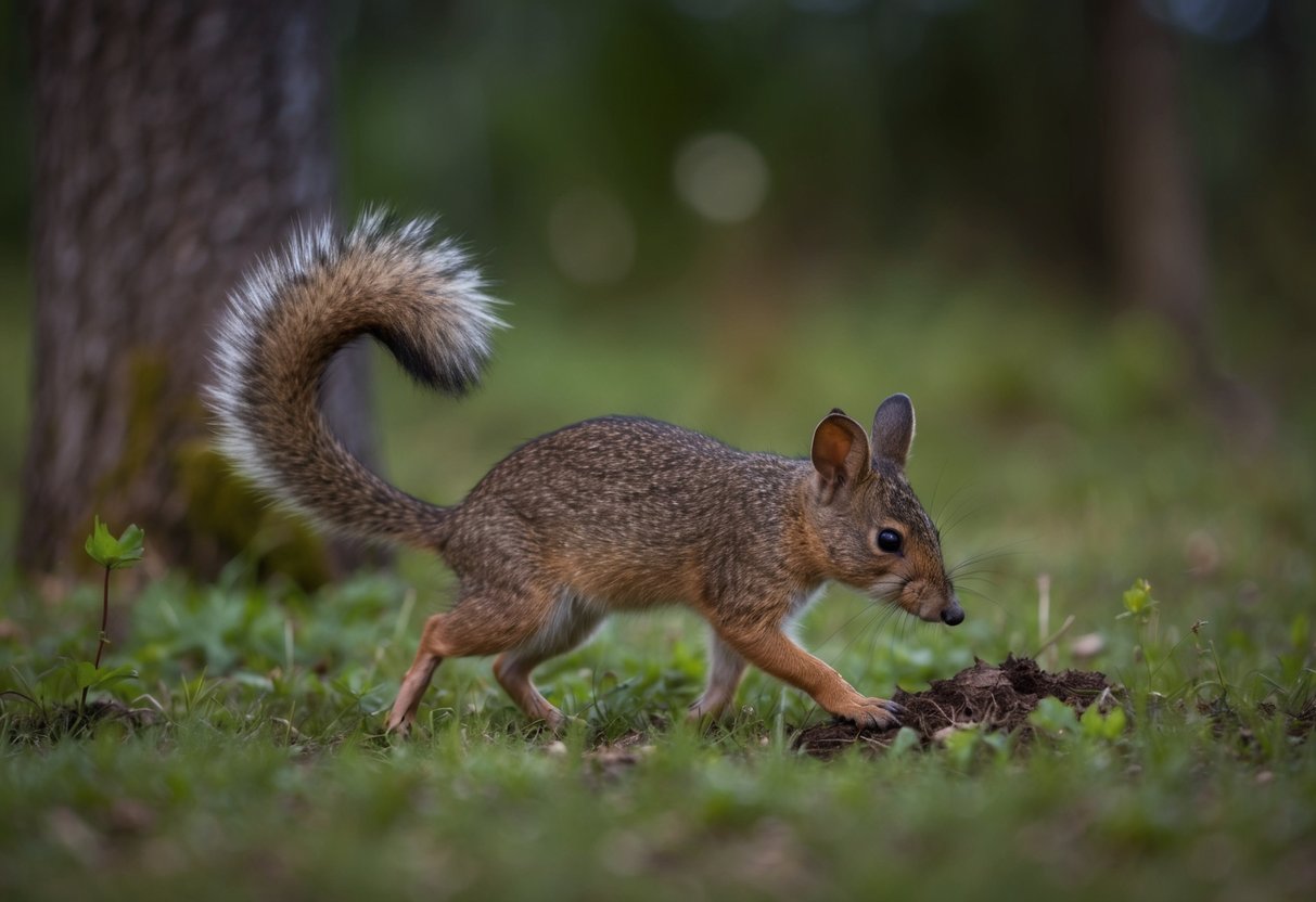 A small, agile animal with a pointed snout and bushy tail, foraging in a wooded area at dusk