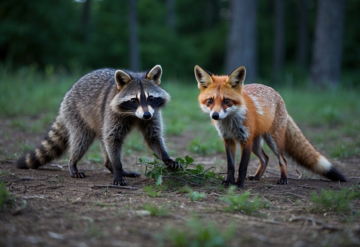 A raccoon and a fox foraging in a forest clearing at dusk
