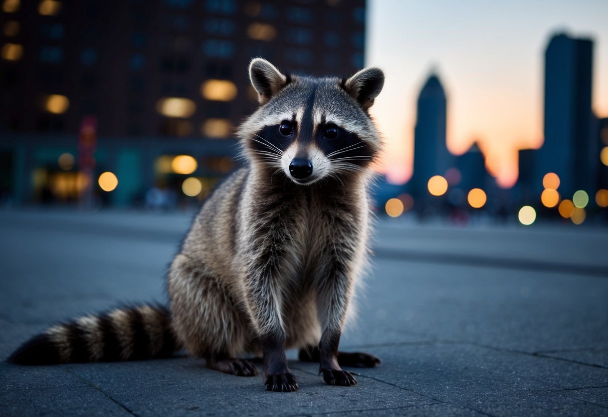 A raccoon sits on hind legs, eyes fixed on viewer, surrounded by urban environment at dusk