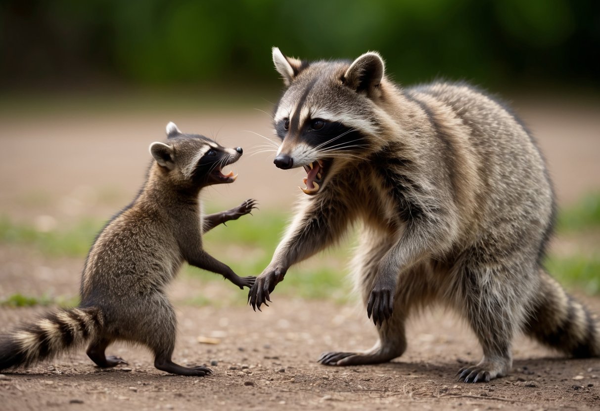 A rabid raccoon snarls and lunges at a smaller animal in a tense, aggressive stance