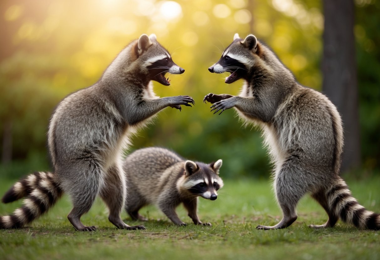 Two raccoons stand on hind legs, facing each other with raised fur and bared teeth. A third raccoon cowers nearby, watching the confrontation