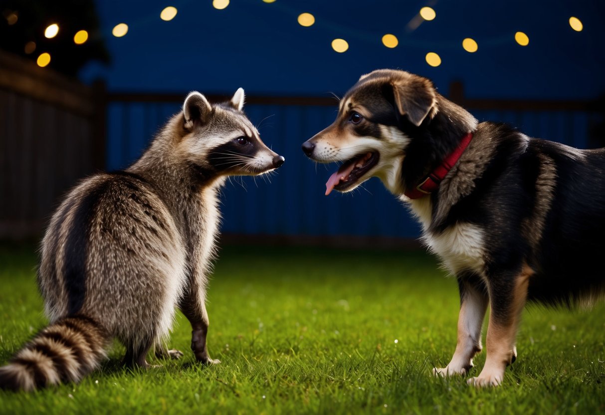 A raccoon faces off with a curious dog in a backyard at night