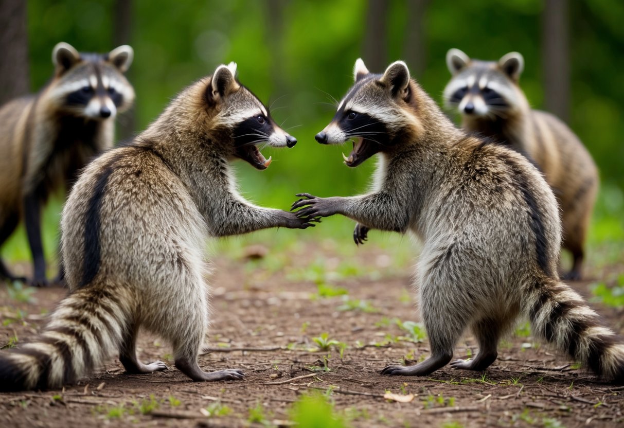 Two raccoons facing off, teeth bared, in a forest clearing. Other animals watching cautiously from a distance