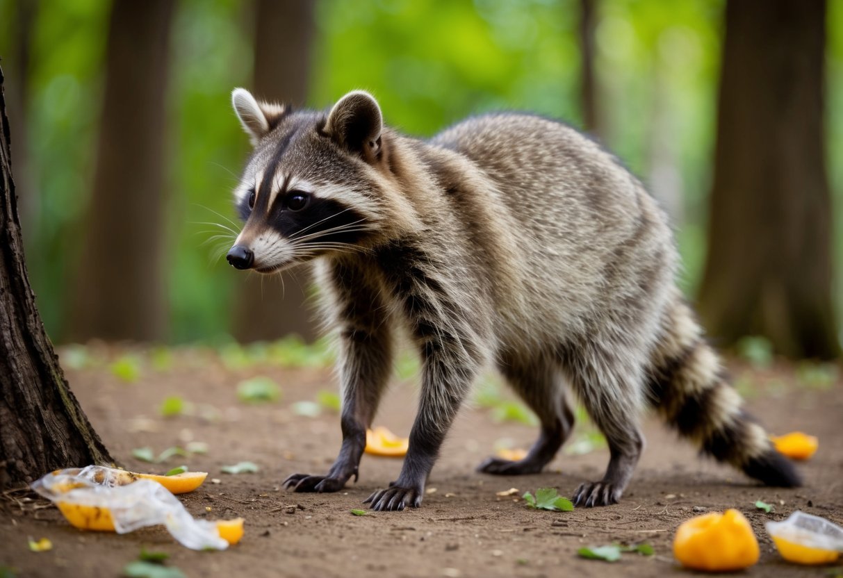 A raccoon approaches, standing on its hind legs, sniffing the air with curiosity, surrounded by trees and scattered food scraps