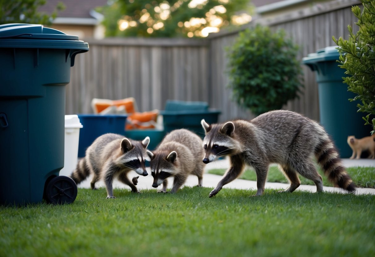 Raccoons roam freely in a suburban backyard, scavenging from trash cans and interacting with domesticated pets