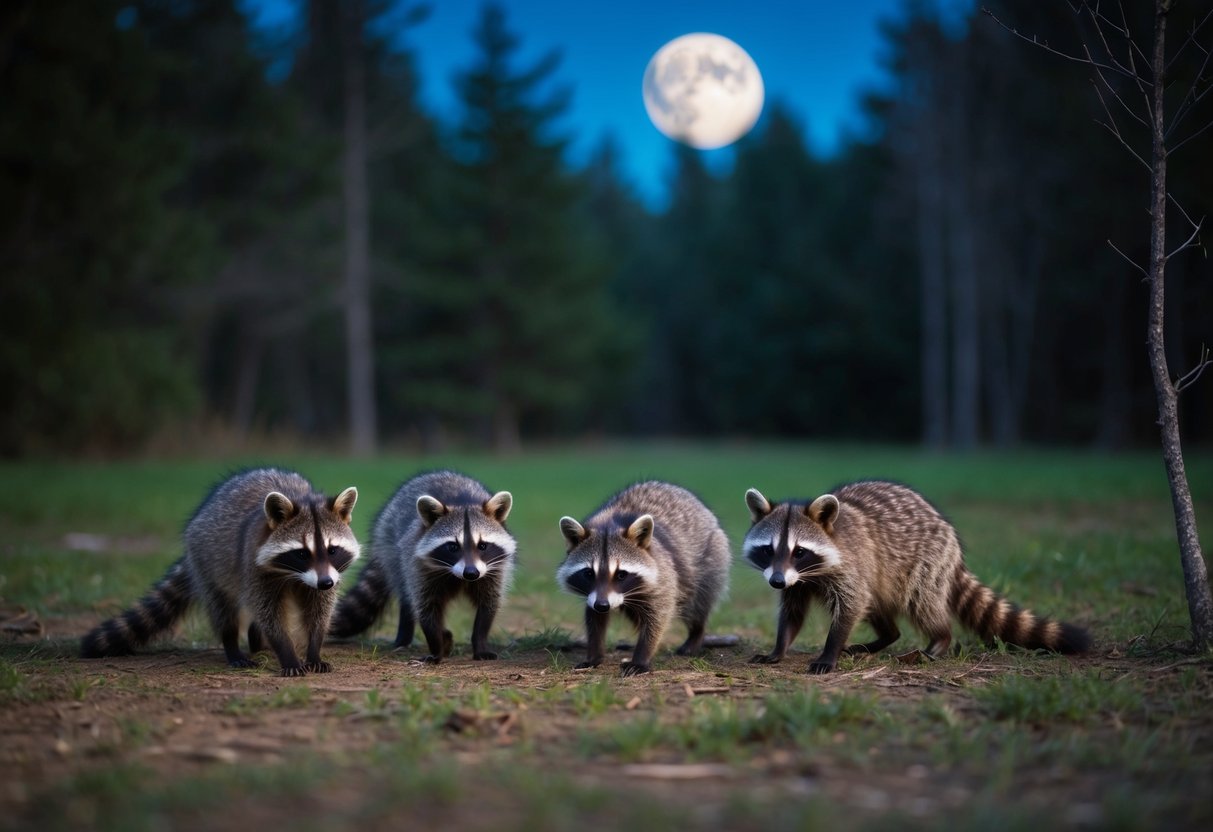 A group of raccoons foraging in a moonlit forest clearing