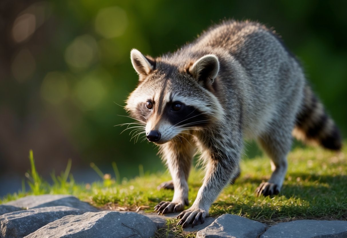 A raccoon approaches, its eyes curious and its paws cautious, as it sniffs the air and looks for any potential food sources