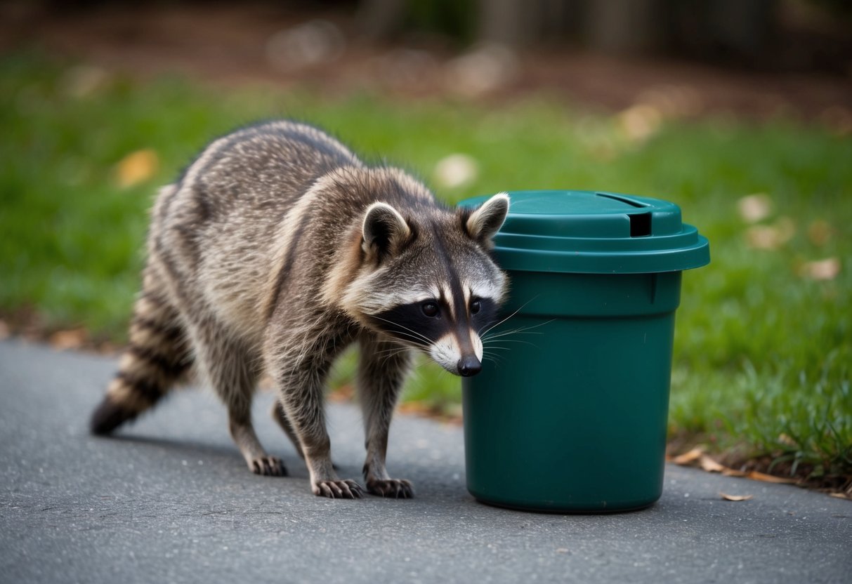 A raccoon cautiously approaches a trash can, sniffing the air for food