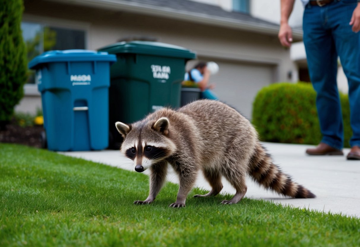 A raccoon cautiously approaches a suburban backyard, eyeing the trash cans and potential food sources, while a concerned neighbor watches from a distance