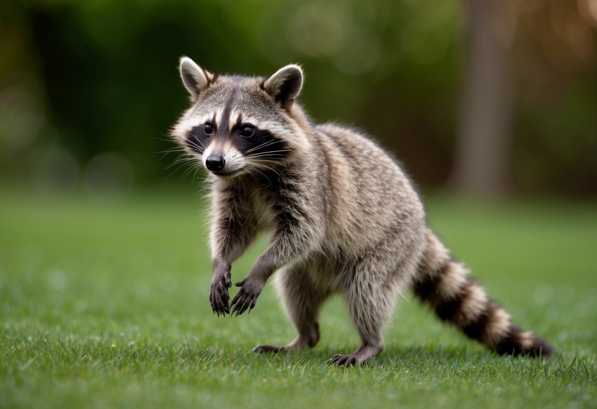 A raccoon approaches, its masked face curious. It stands on its hind legs, sniffing the air with its tiny paws hanging by its side