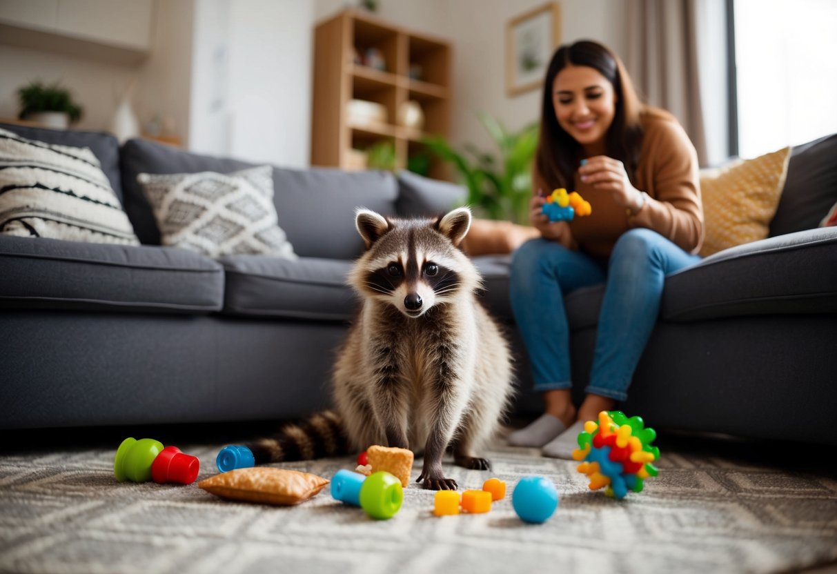 A raccoon sits in a cozy living room, surrounded by toys and treats. Its owner smiles as they watch the raccoon play