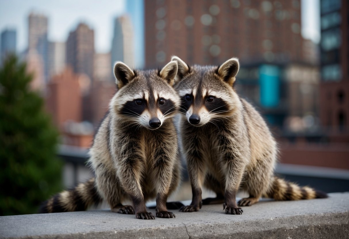 Raccoons interact with humans, exploring urban environments and scavenging for food. They exhibit curiosity and adaptability, showcasing potential for domestication