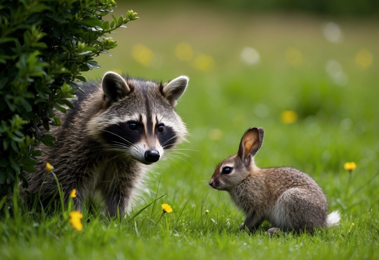 A raccoon peers out from behind a bush, eyeing a small bunny nibbling on grass in a meadow
