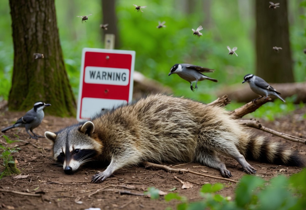 A raccoon carcass lies in a wooded area, surrounded by flies and scavenging birds. The animal's body shows signs of decay, with a warning sign nearby