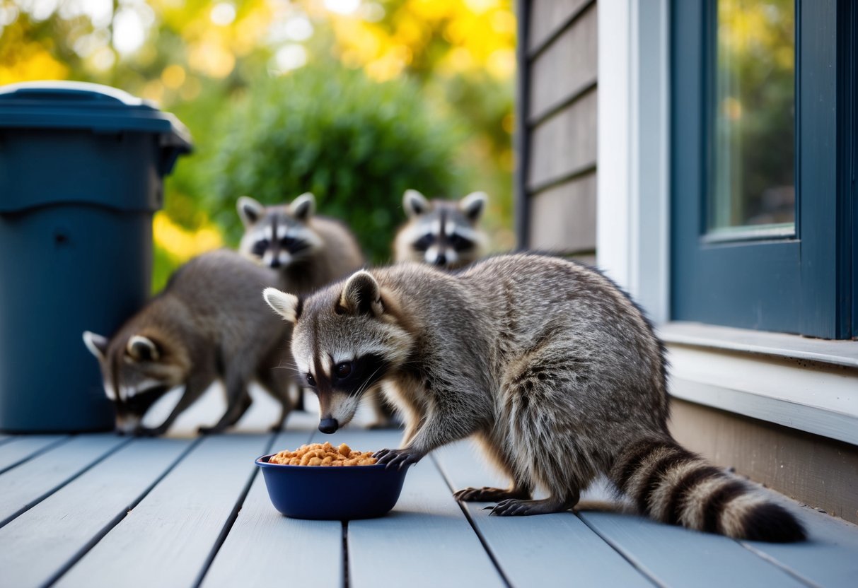 A raccoon sits on a porch, sniffing at a bowl of food. In the background, a family of raccoons rummages through a trash can