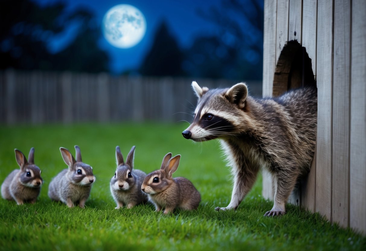 A raccoon peers into a hole in a fence, watching a group of bunnies nibbling on grass in a moonlit garden
