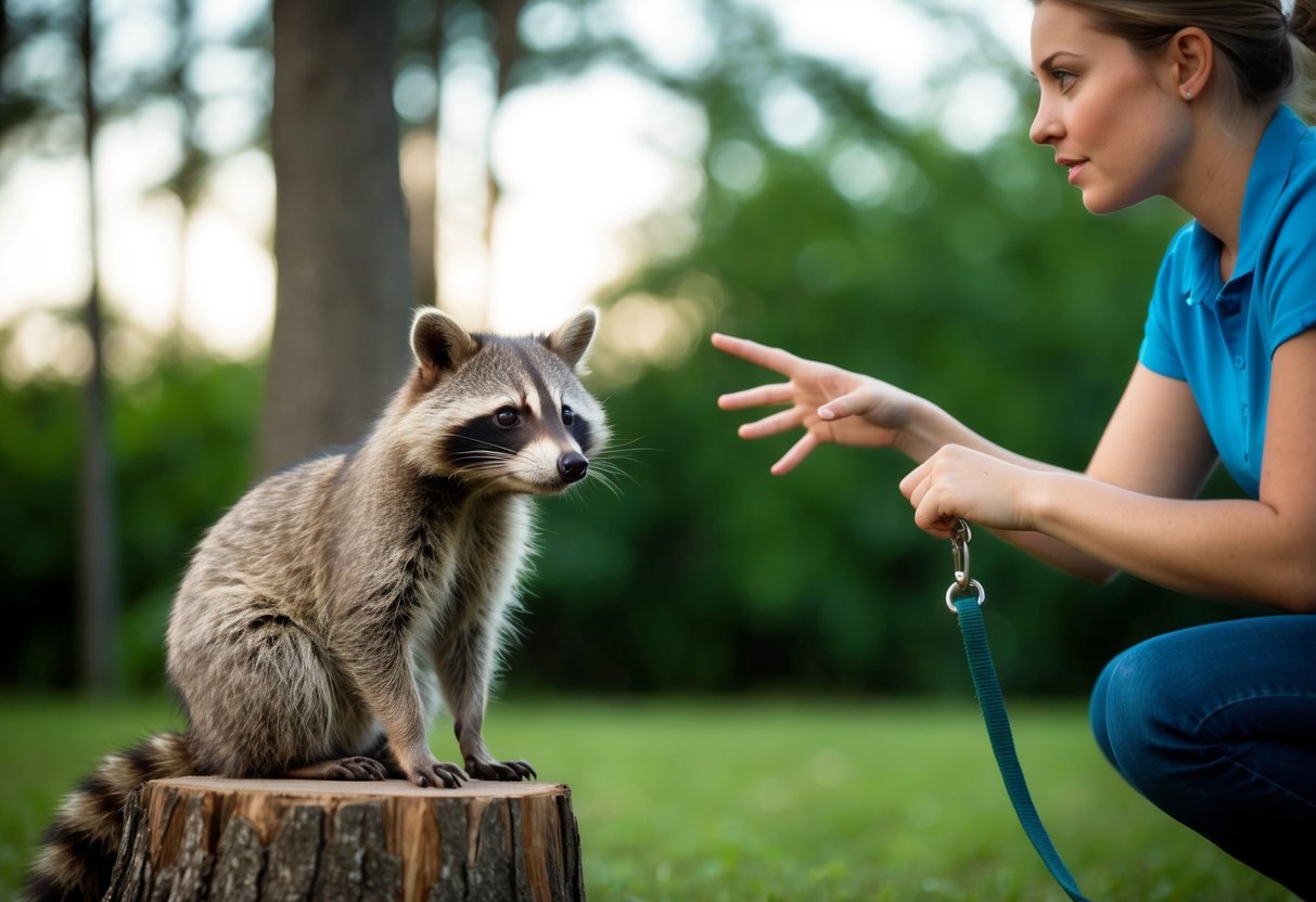 A raccoon sits on a tree stump, looking curiously at a person holding a leash. The person is gesturing towards the raccoon with a concerned expression