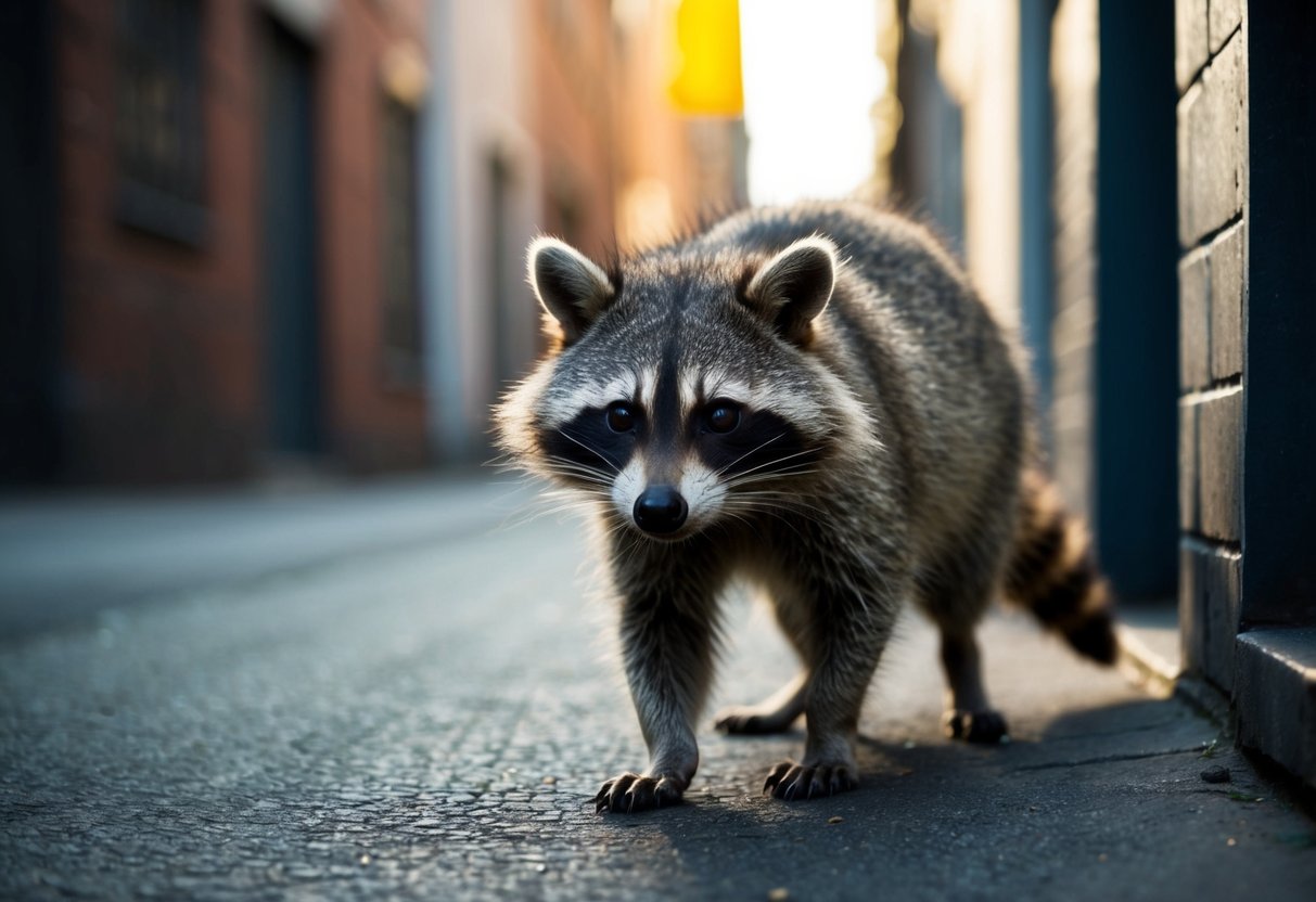 A raccoon cautiously emerges from a darkened alley into a sunlit street, its fur ruffled and eyes alert