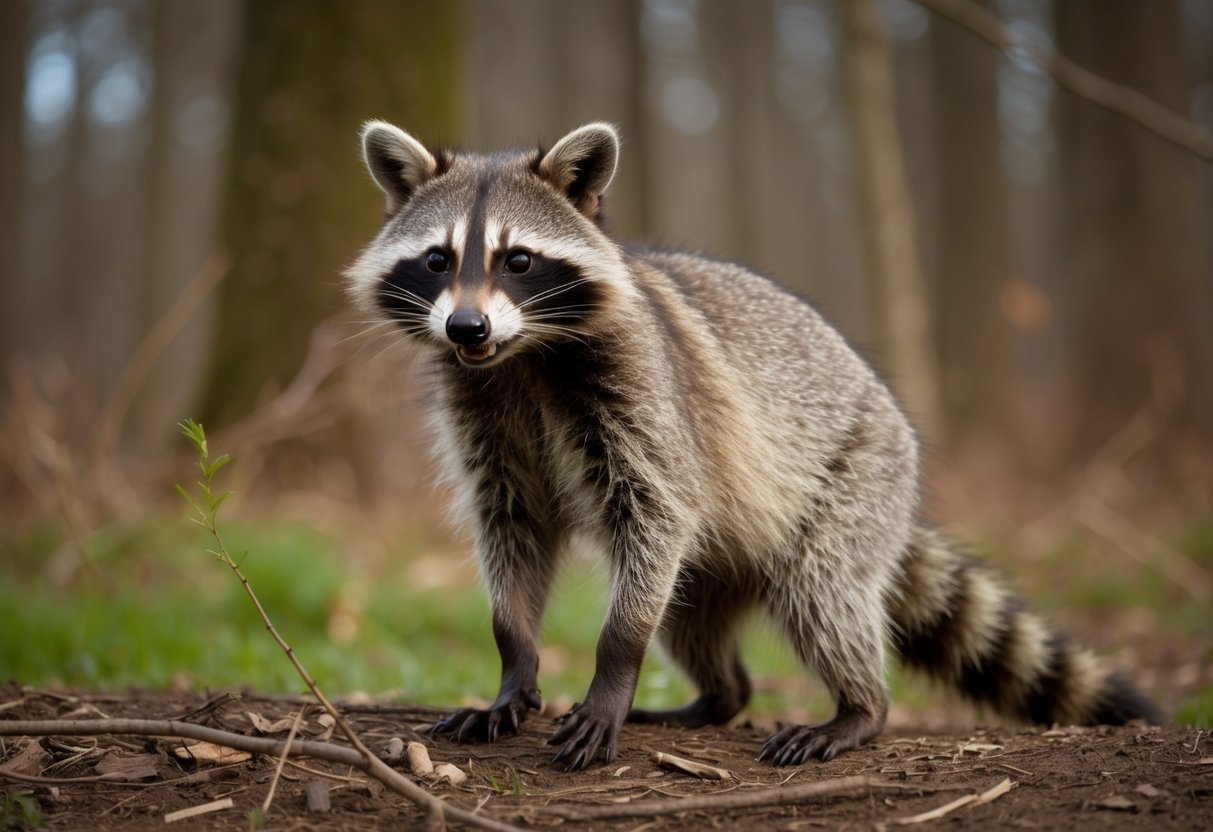 A raccoon standing in a wooded area during daylight, looking alert and possibly aggressive