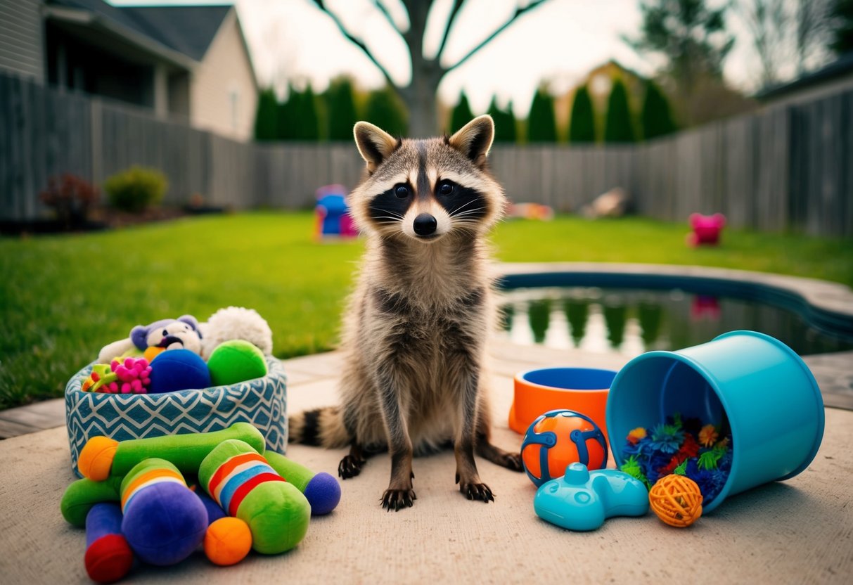 A raccoon dog sits in a cozy home setting, surrounded by toys and pet supplies. Outside, a fenced yard with trees and a small pond