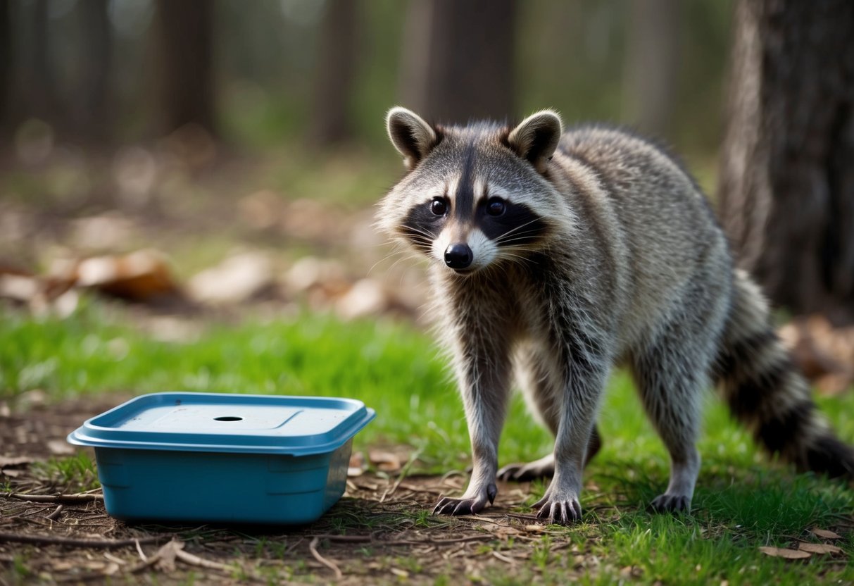 A raccoon with a visibly sick appearance, standing near a discarded food container in a wooded area
