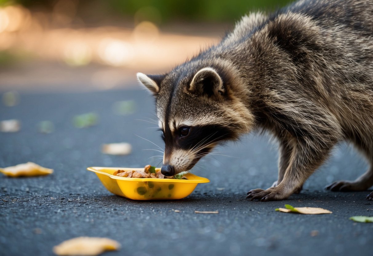 A raccoon's paw touches a discarded piece of food on the ground
