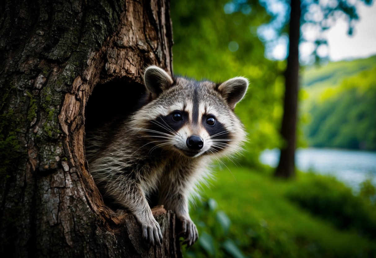 A raccoon peeking out from a hollow tree in a lush forest, with a river in the background