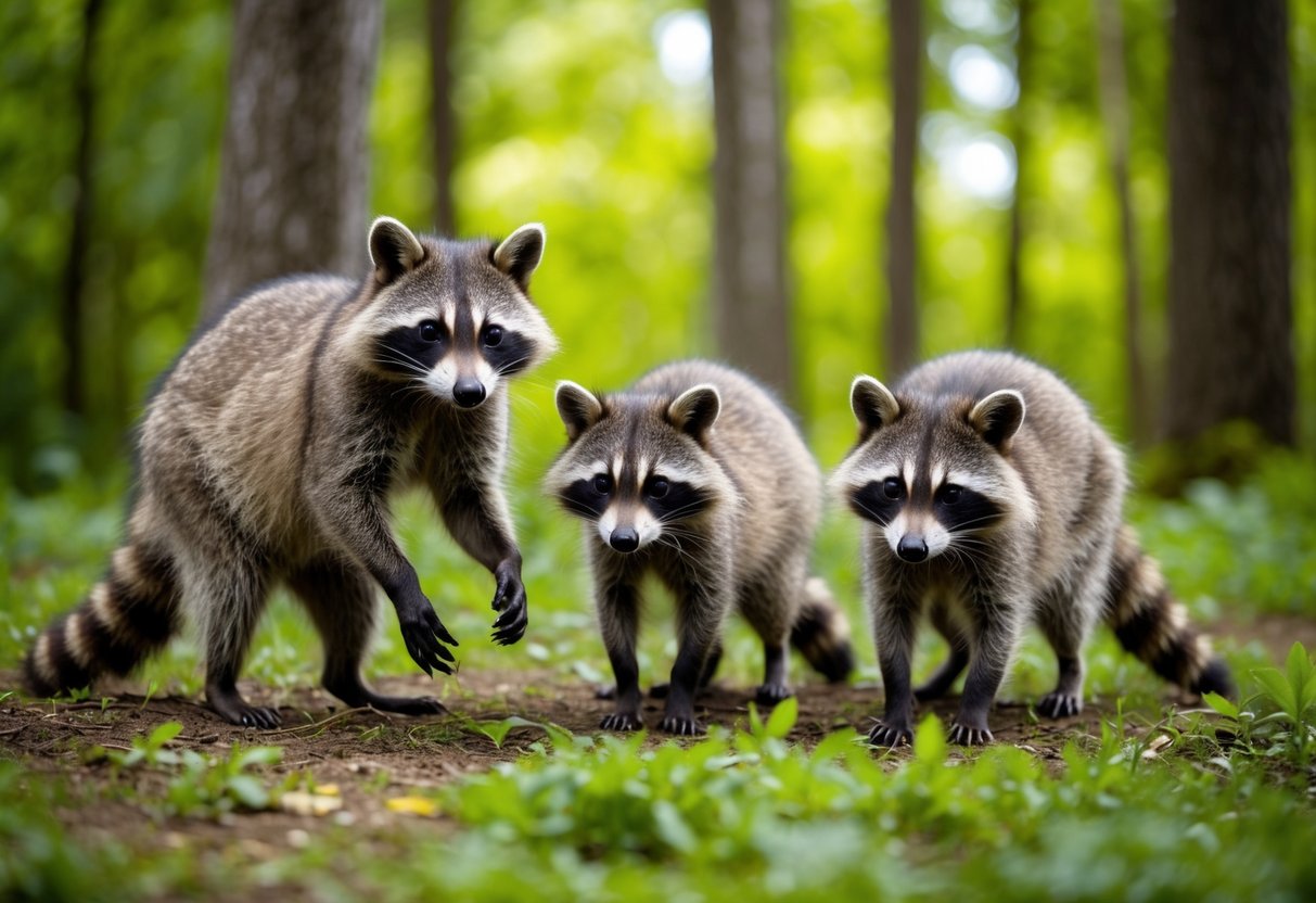 A family of raccoons foraging in a lush forest in Portugal