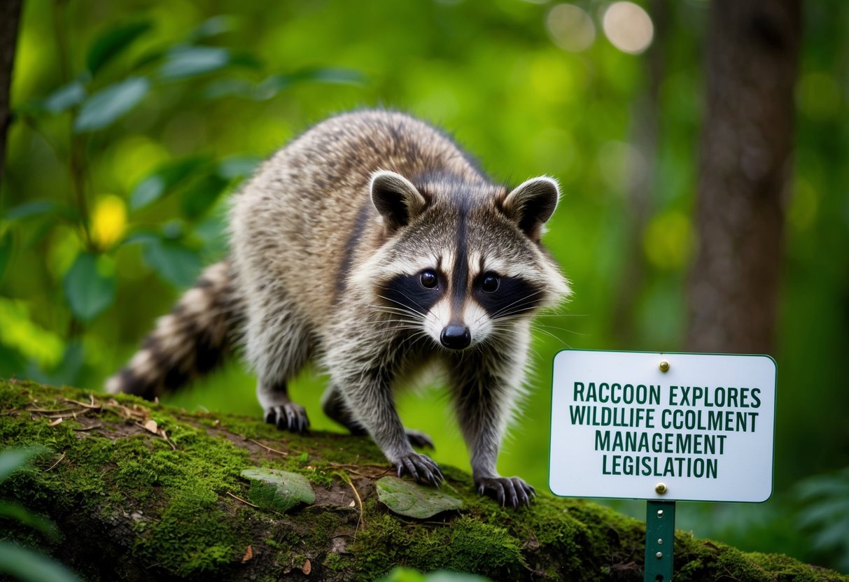 A raccoon cautiously explores a lush forest in Portugal, while a sign with wildlife management legislation is posted nearby