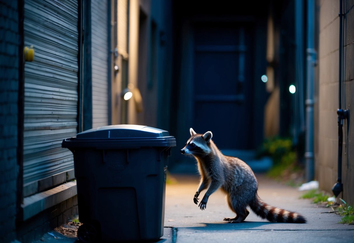A raccoon confidently approaches a trash can in a dimly lit alley, unfazed by nearby noises and movements
