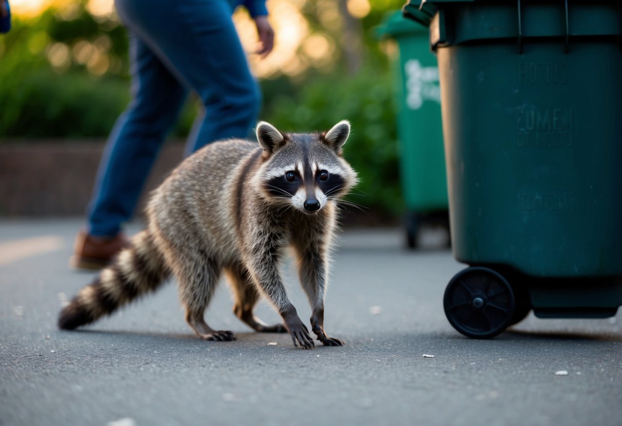 A raccoon confidently approaches a garbage bin, unfazed by nearby human activity