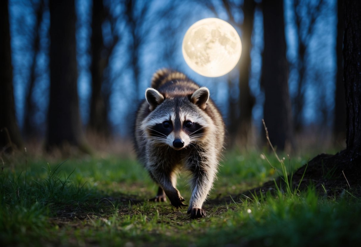 A raccoon chases through a moonlit forest, its masked face illuminated by the glow of the full moon