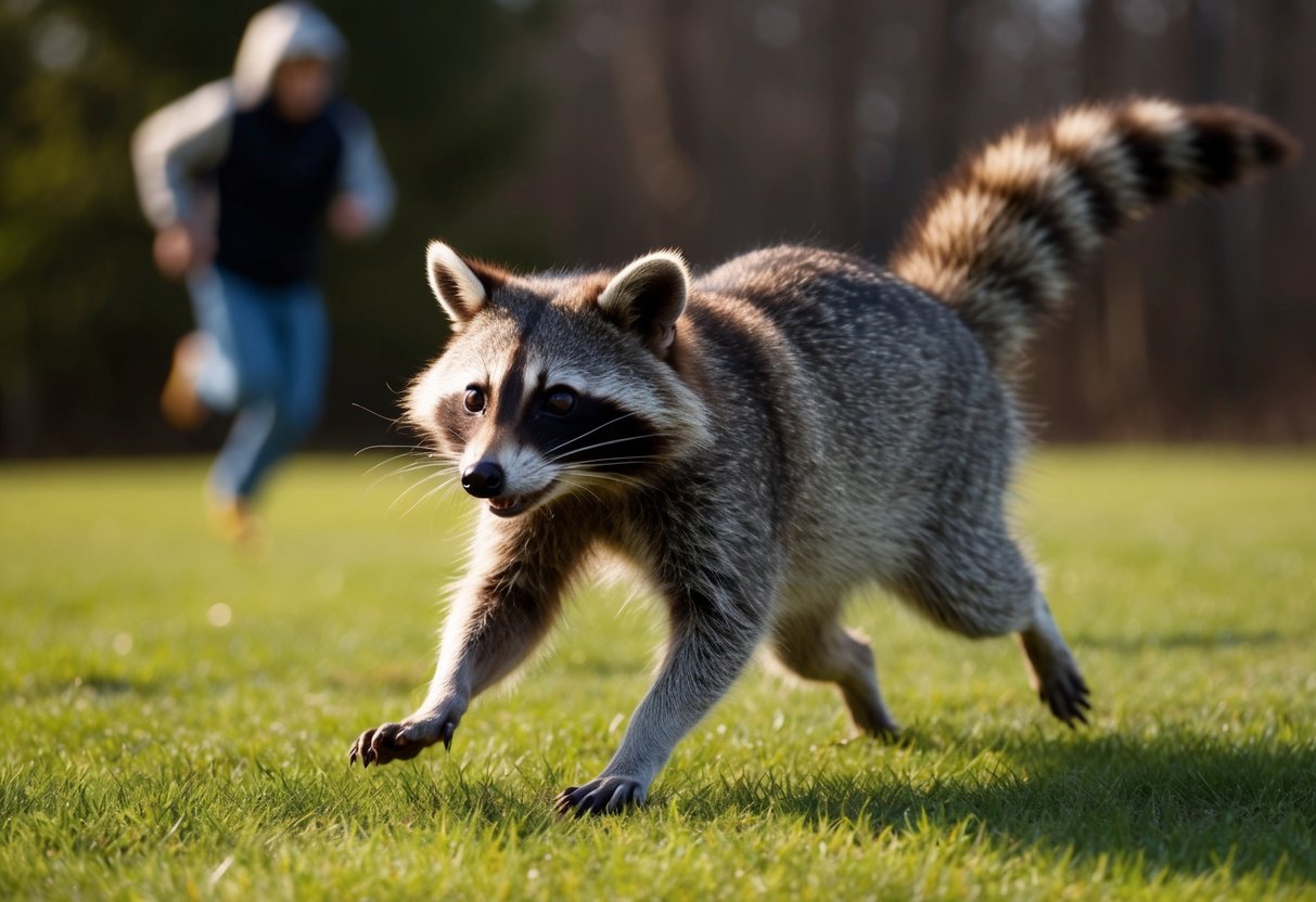 A raccoon with alert eyes and raised tail, chasing after a fleeing figure