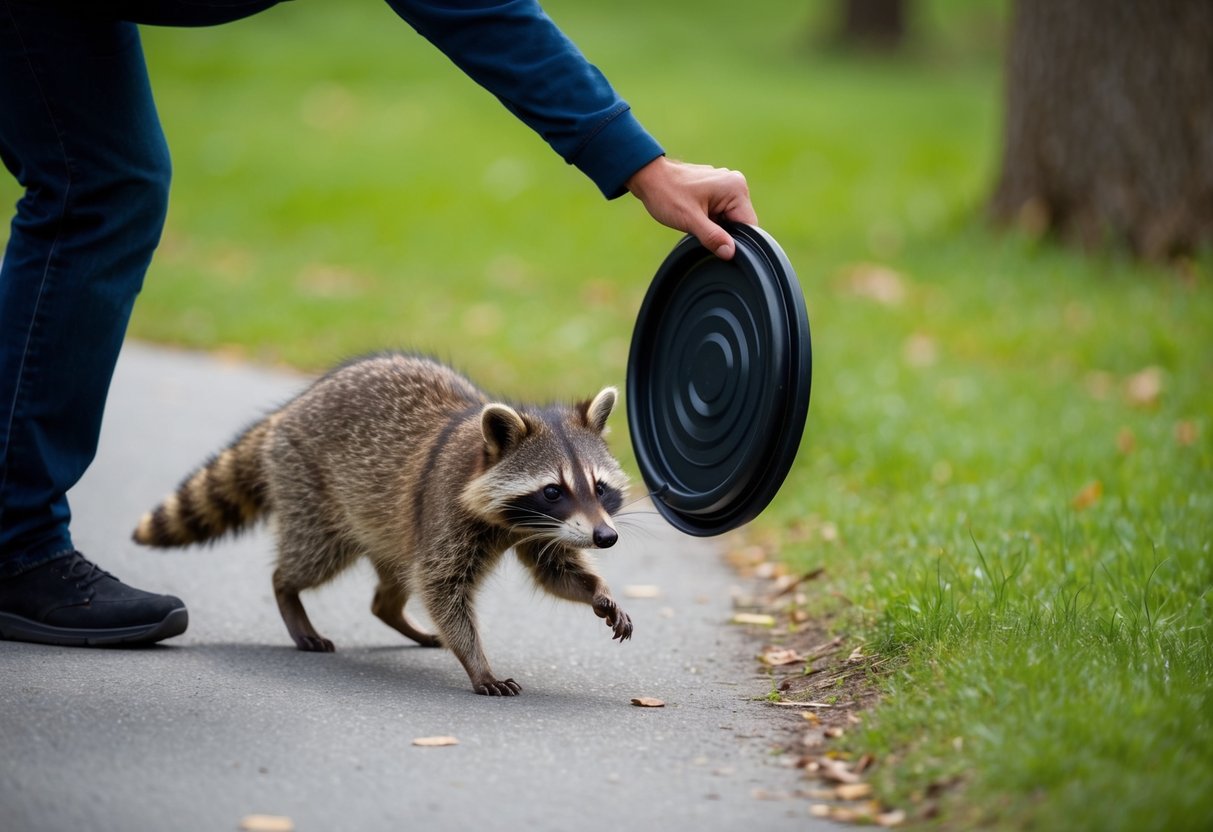 A raccoon fleeing from a person, who is holding a trash can lid and making loud noises to scare it away